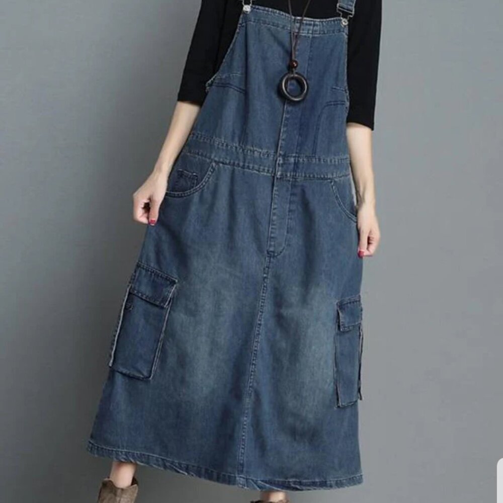 Denim Cargo Overalls Dress with Zipper Size M NWTO - Picture 4 of 9